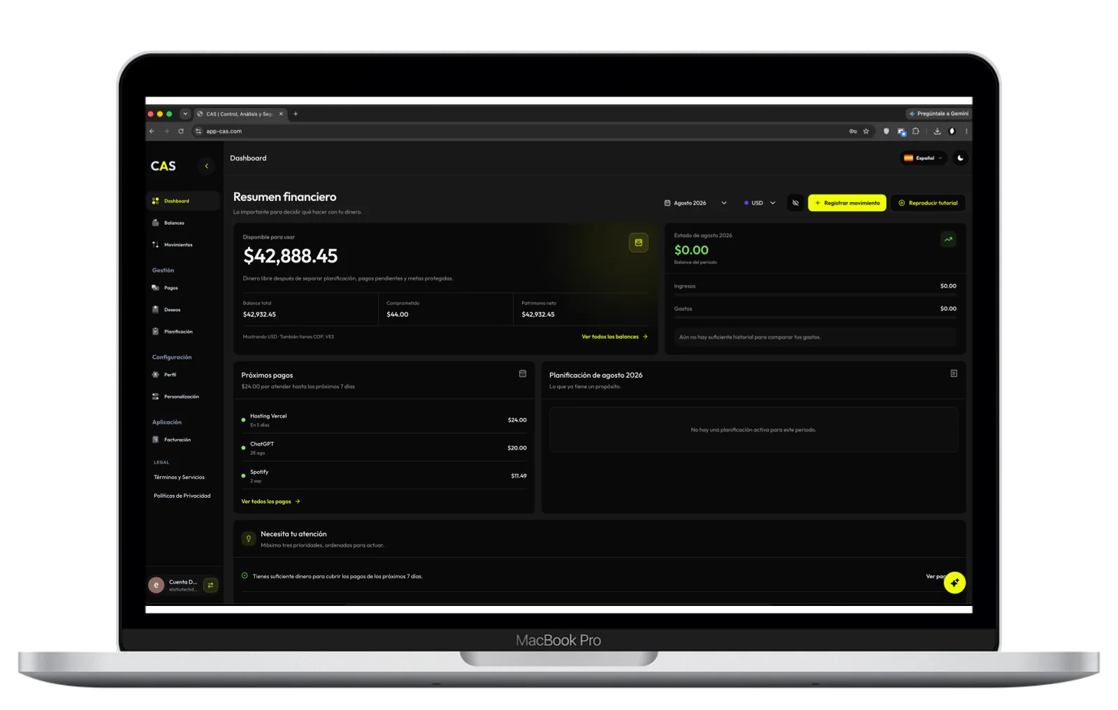 MacBook con el panel financiero de CAS